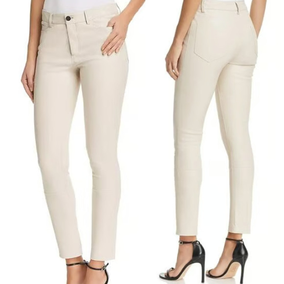 Theory Bristol Mid-Rise Stretch Leather 5 Pocket Skinny Pants Chalk Women's 6 - Picture 1 of 5